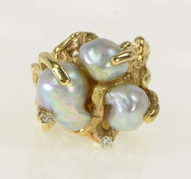 14K Yellow Gold Ornate Blue Pearl Diamond Birds Nest Cluster Ring