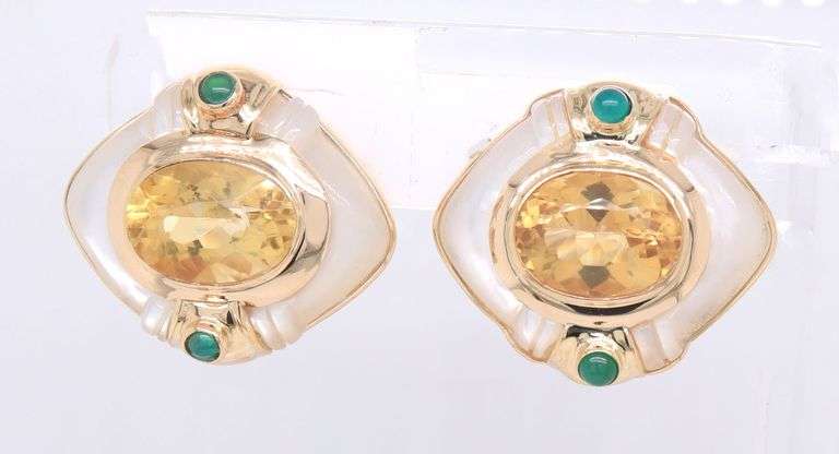 Incredible Yellow Gold Citrine, Emerald and Mop Earrings