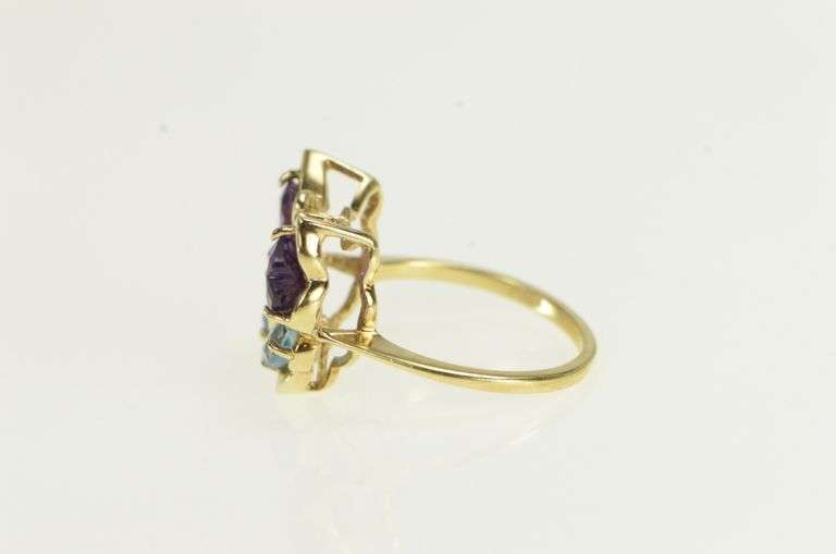10K Yellow Gold Amethyst Blue Topaz Diamond Butterfly Heart Ring