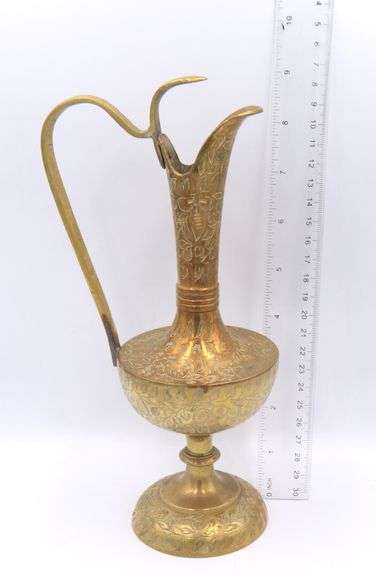 Set of 2 Vintage Brass Engraved Pitcher