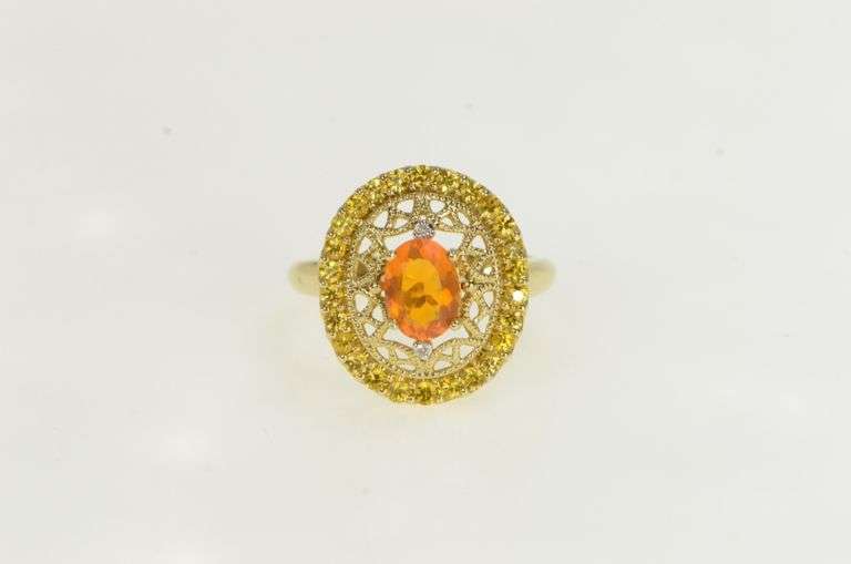10K Yellow Gold Simulated Mexican Fire Opal Yellow Topaz Halo Ring