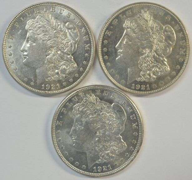 Lustrous-white trio of last year Morgan Silver Dollars from 1921 (P-D-S)