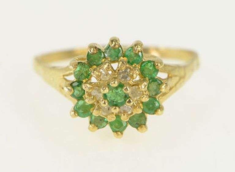 14K Yellow Gold Round Emerald Diamond Halo Round Cluster Ring