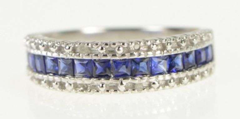 10K White Gold Princess Cut Sapphire Diamond Wedding Band Ring