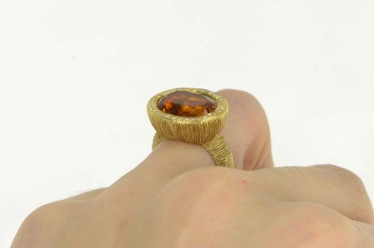 18K Yellow Gold Oval Citrine Diamond Halo Elaborate Textured Ring