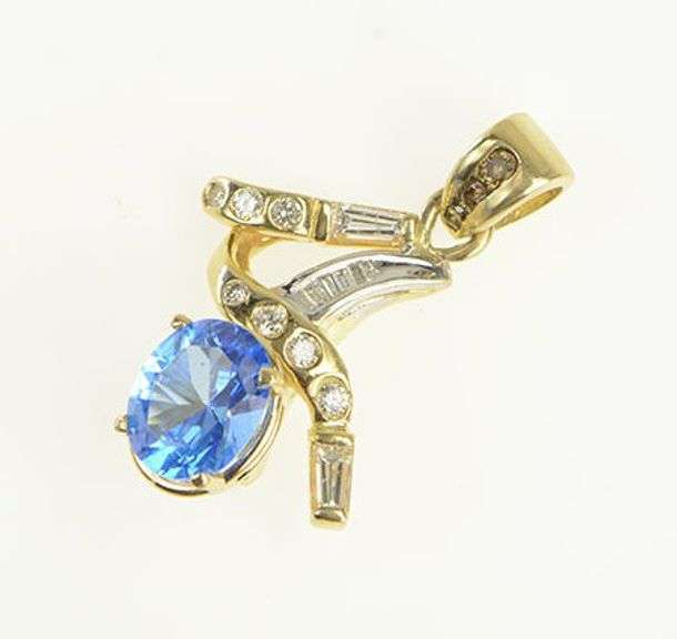 14K Yellow Gold Oval Blue Topaz Diamond Freeform Pendant