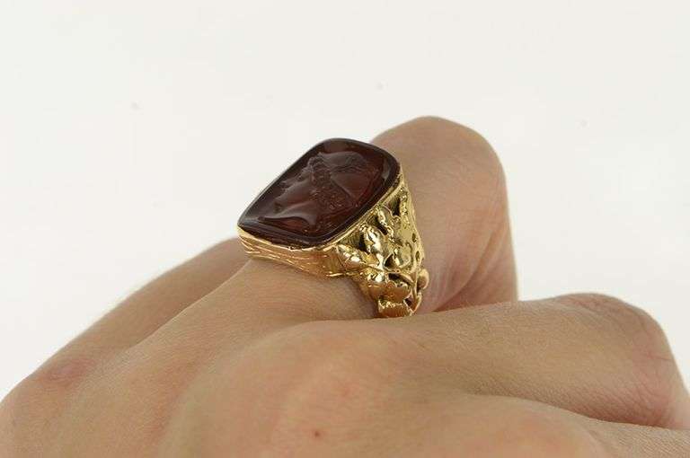 14K Yellow Gold Carved Greek Hermes Carnelian Ornate Ring