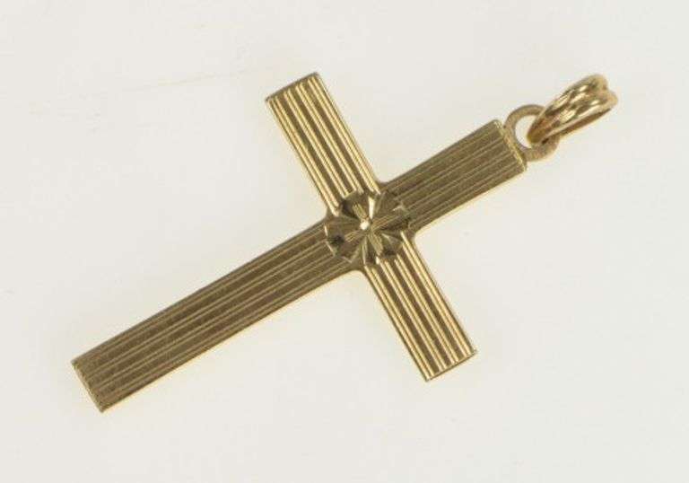 10K Yellow Gold Art Deco Pinstriped Cross Christian Faith Pendant