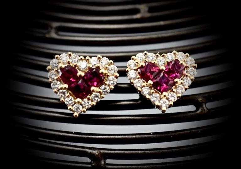 Gorgeous Ruby and Diamond 14K Heart Earrings