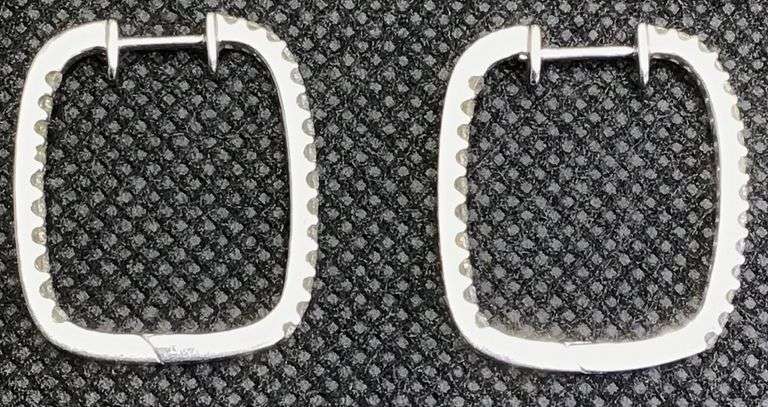 GORGEOUS 14K WHITE GOLD RECTANGULAR DIAMOND HOOP EARRINGS