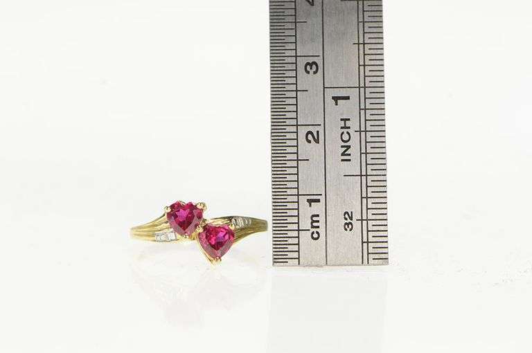 10K Yellow Gold Heart Syn. Ruby Diamond Accent Bypass Ring