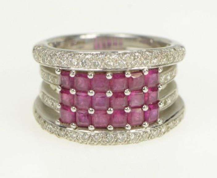 18K White Gold 2.50 Ctw Natural Ruby Diamond Cluster Layer Ring