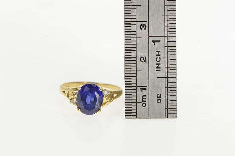 14K Yellow Gold Oval Syn. Sapphire CZ Accent Vintage Ring