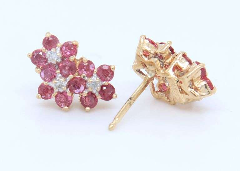 Gorgeous Yellow Gold Ruby and Diamond Cluster Earrings