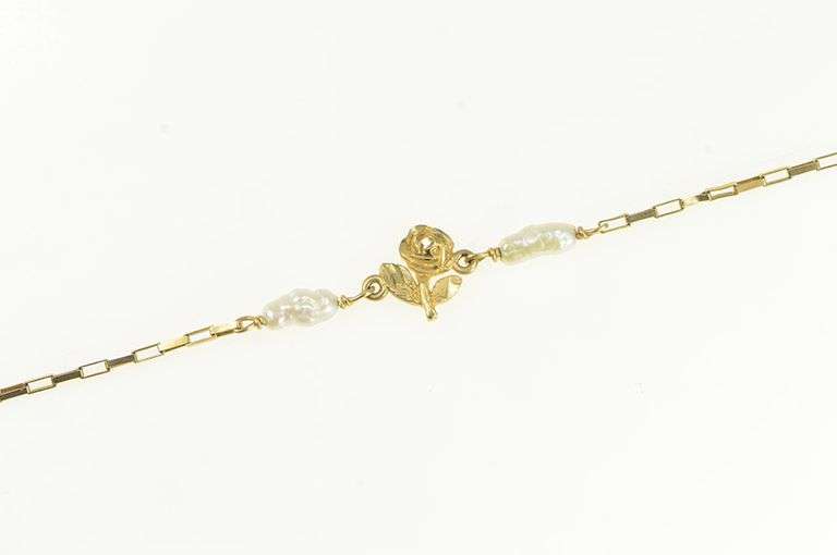 14K Yellow Gold Pearl Diamond Cut Rose Flower Chain Bracelet