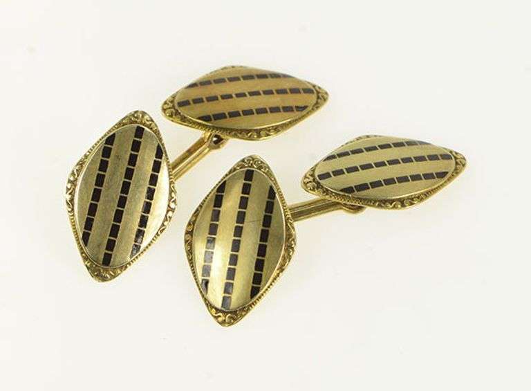 14K Yellow Gold Art Deco Black Geometric Enamel Striped Cuff Links