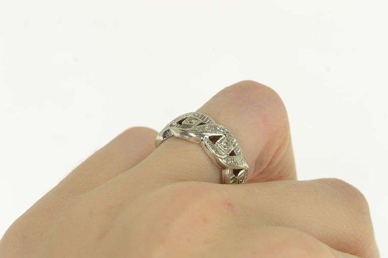14K White Gold Art Deco 8.8mm Diamond Ornate Band Ring