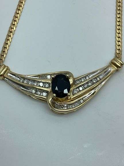 CERTIFIED BRAND NEW 14K GOLD NECKLACE WITH SAPPHIRE AND DIAMONDS