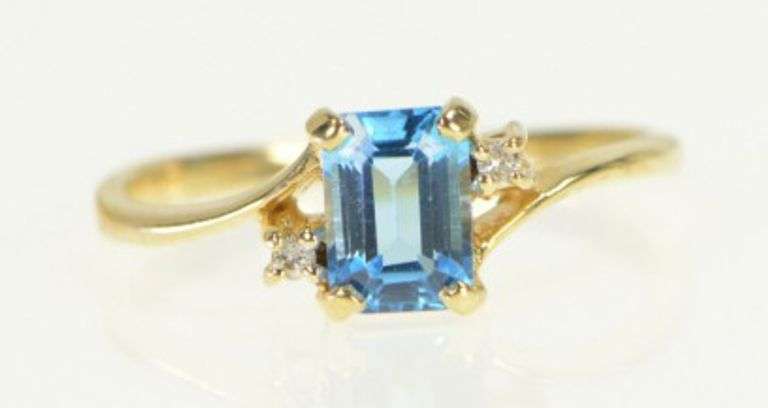 10K Yellow Gold Emerald Cut Blue Topaz Diamond Accent Ring