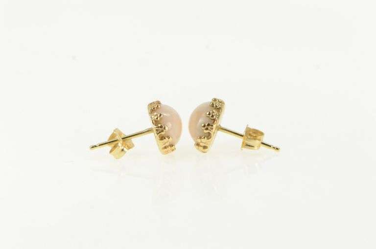14K Yellow Gold Oval Light Pink Coral Vintage Stud Earrings
