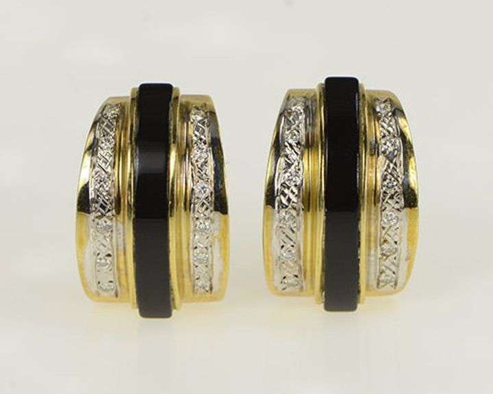 14K Yellow Gold Black Onyx Inlay Diamond Ornate Statement Earrings