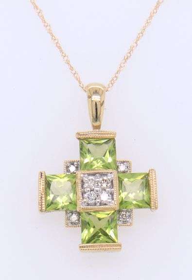 Gorgeous Yellow Gold Peridot and Diamond Cross Pendant on Chain