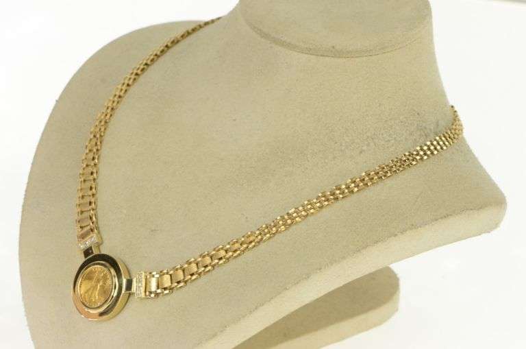 14K Yellow Gold 1995 1/10th Oz Gold Eagle Square Chain Necklace