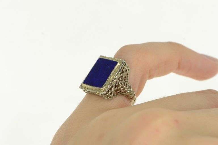 18K White Gold Art Deco Lapis Lazuli Filigree Squared Ring