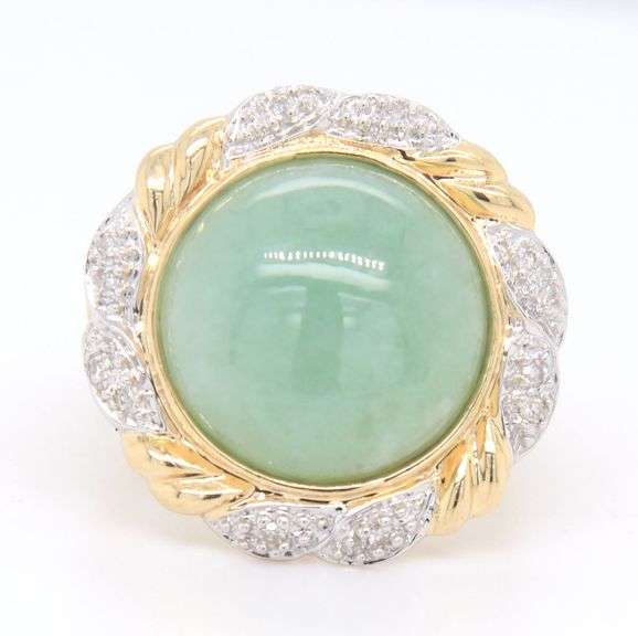 Charming Yellow Gold Green Jade and Diamond accent Ring