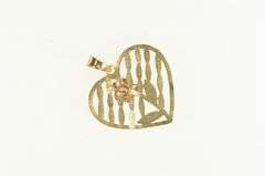 10K Yellow Gold Rose Flower Diamond Cut Striped Heart Charm/Pendant