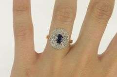 14K Yellow Gold Oval Sapphire Diamond Tiered Halo Engagement Ring