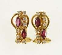 14K Yellow Gold Squared Natural Ruby Diamond Bar French Clip Earrings