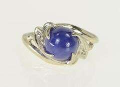 14K White Gold Syn. Blue Star Sapphire Diamond Retro Ring