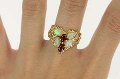 14K Yellow Gold Retro Ruby Opal Cluster Chevron Statement Ring