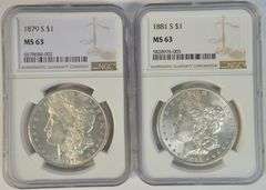 Choice BU 1879-S & 1881-S Morgan Silver Dollars. NGC MS63