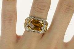 14K Yellow Gold Squared Citrine Sapphire Diamond Cocktail Ring