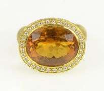 18K Yellow Gold Oval Citrine Diamond Halo Elaborate Textured Ring