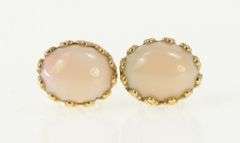 14K Yellow Gold Oval Light Pink Coral Vintage Stud Earrings