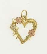 14K Yellow Gold Black Hills Gold Leaf Rose Flower Heart Charm/Pendant