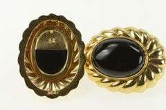 14K Yellow Gold Oval Black Onyx Vintage Scalloped Stud Earrings