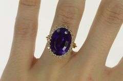 14K Yellow Gold Oval Amethyst Diamond Halo Cocktail Ring