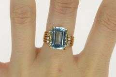 14K Yellow Gold Emerald Cut Blue Topaz Diamond Cocktail Ring