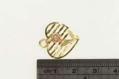 10K Yellow Gold Rose Flower Diamond Cut Striped Heart Charm/Pendant