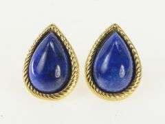14K Yellow Gold Pear Lapis Lazuli Tear Drop Cabochon Retro Earrings