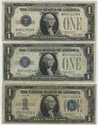 2 1928 & 1 1934 Small Size $1 'Funny Back' Silver Certificates