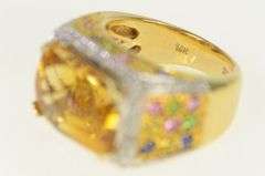 14K Yellow Gold Squared Citrine Sapphire Diamond Cocktail Ring
