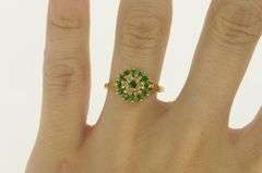 14K Yellow Gold Round Emerald Diamond Halo Round Cluster Ring