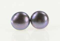 14K Yellow Gold 8.75mm Dark Blue Purple Cultured Pearl Stud Earrings