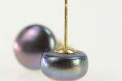 14K Yellow Gold 8.75mm Dark Blue Purple Cultured Pearl Stud Earrings