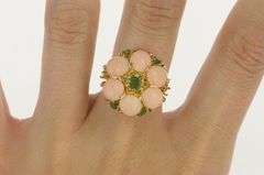14K Yellow Gold 1960's Coral Emerald Vintage Domed Cocktail Ring